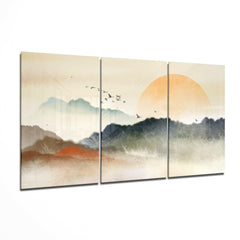 Triptych painting of a landscape with mountains, sun, and birds on a white background