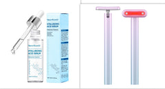 Venusbrand Hyaluronic Acid Serum with packaging, a razor, and a light device on a white background.