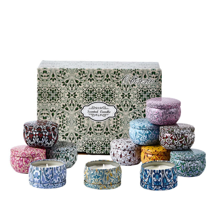 Set of decorative candles in small containers with a patterned box labeled 'Oriental' on a white background.