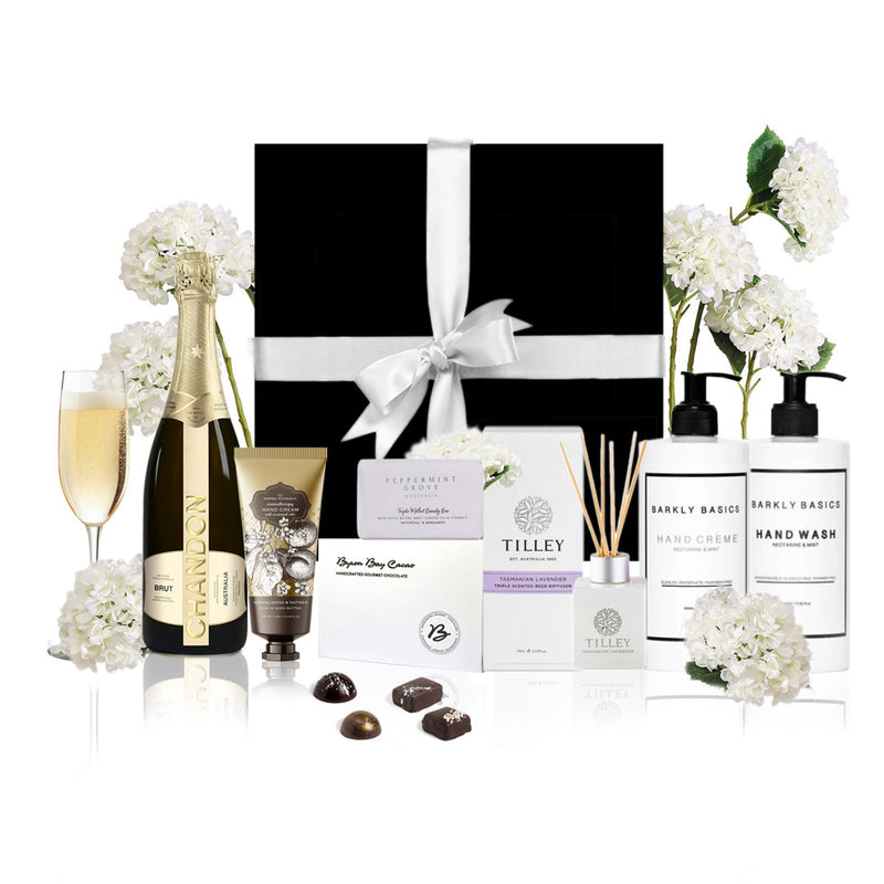 Champagne gift set, with chocolates and beauty gifts.
