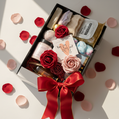 "Body Care essentials, romantic dried roses, gift bag  presentation, handwritten cards"